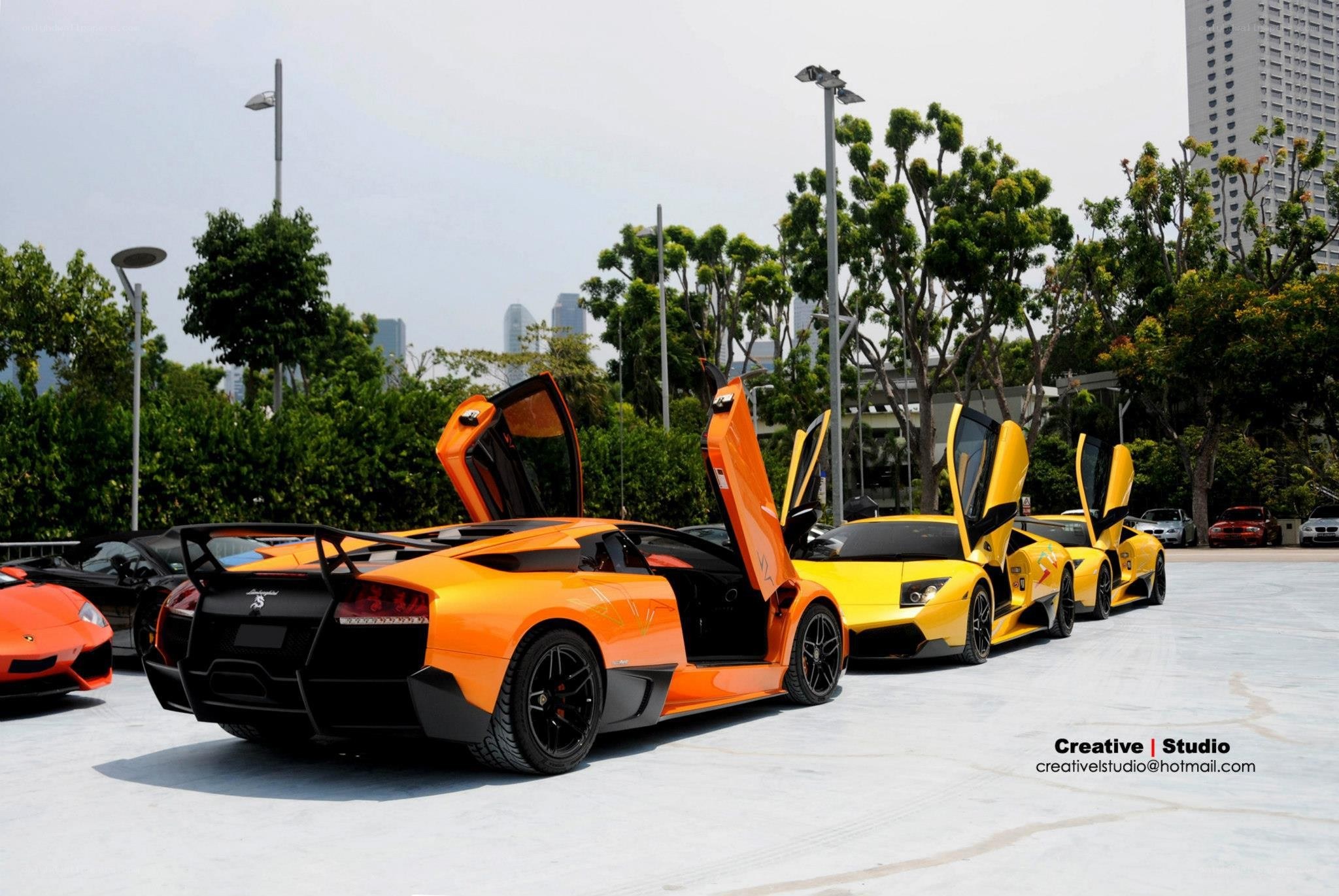 Lamborghini lineup with doors open