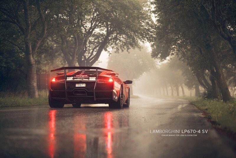 Lamborghini on a rainy road