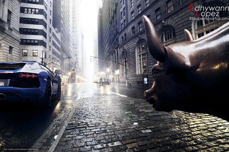 Lamborghini on wet city street