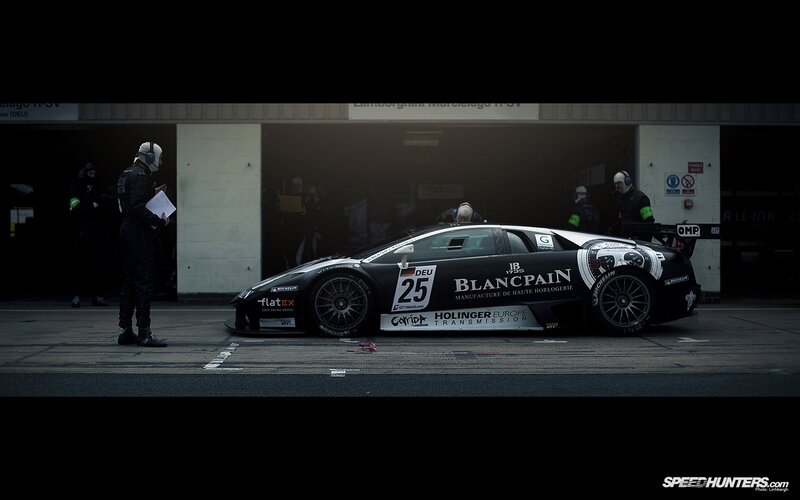Lamborghini race car in pit lane