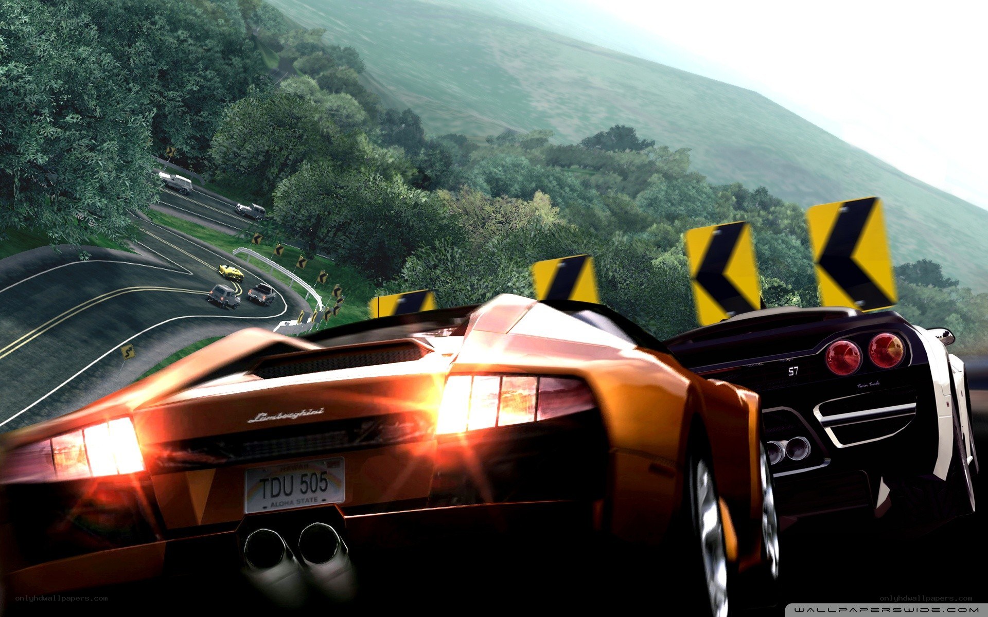 Lamborghini racing on a winding road