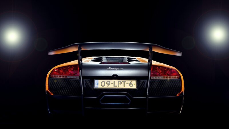 Lamborghini Sports Car — Black, Dramatic, Night, Photograph, Rear Wing