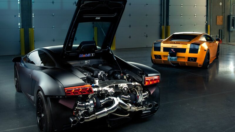 Lamborghini sports cars in garage