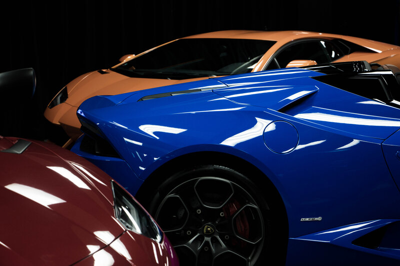 Lamborghini sports cars in showroom