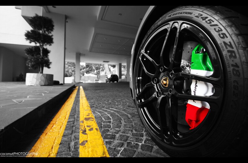 Lamborghini Wheel — Black, Dramatic, Photograph, Tire, Brake Caliper