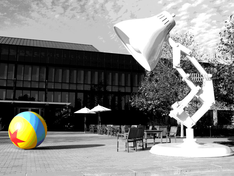 Lamp and ball sculpture in courtyard