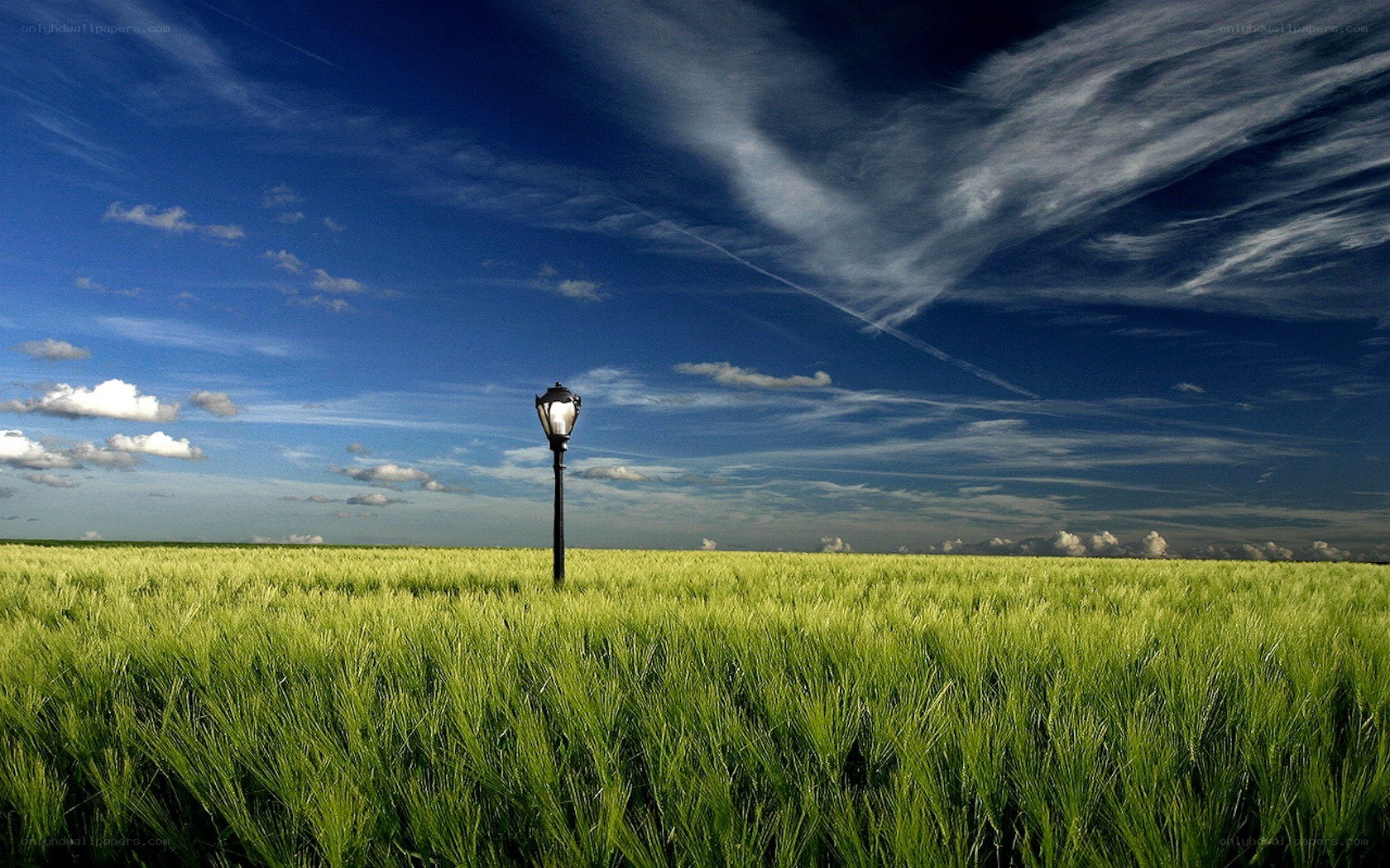 Lamp post in green field