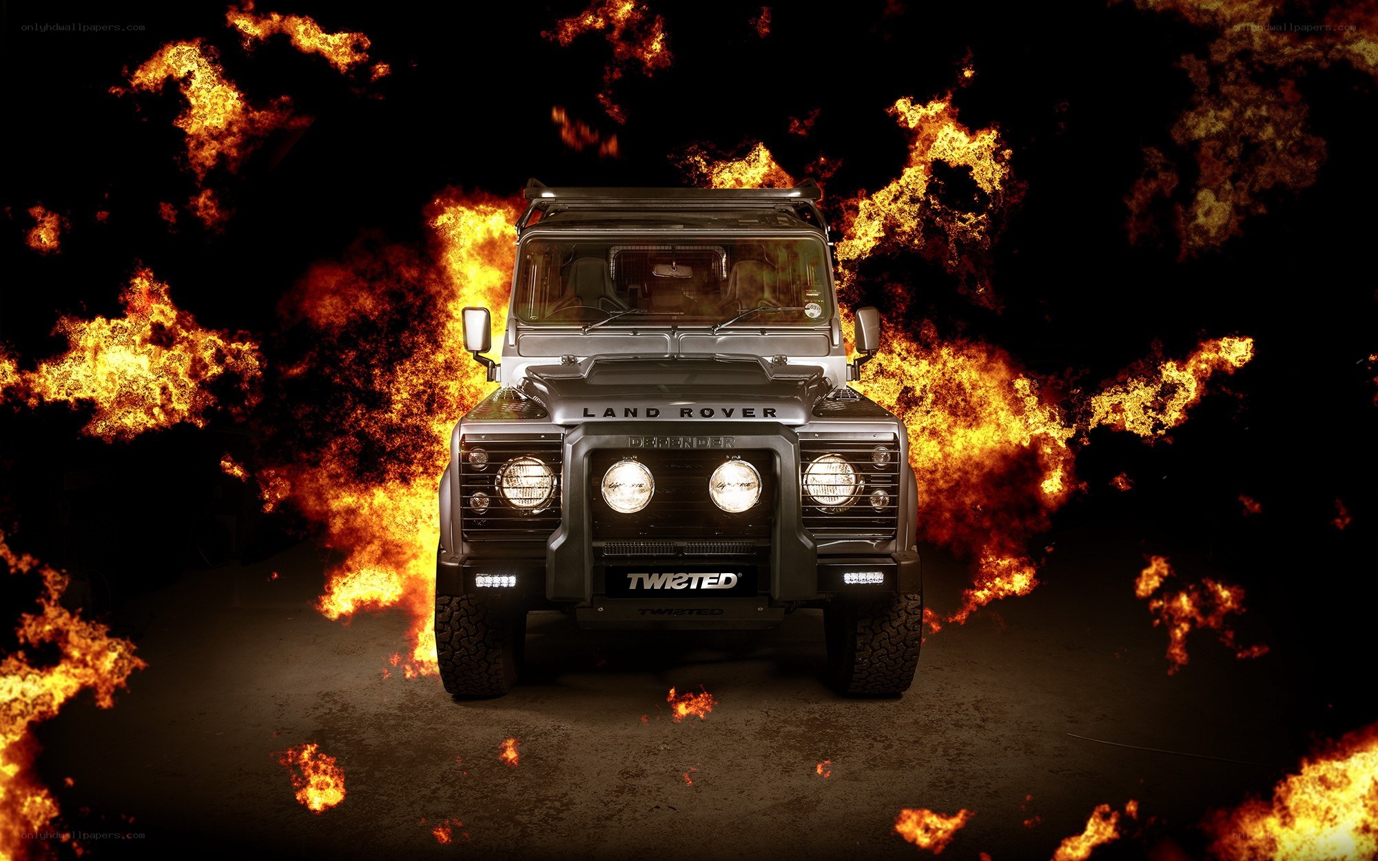Land Rover Defender in flames