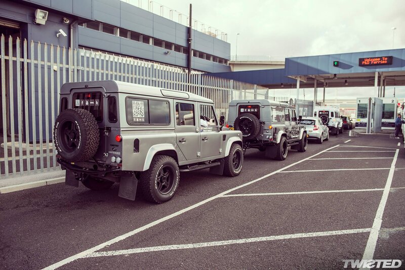 Land Rover Defenders at ferry terminal
