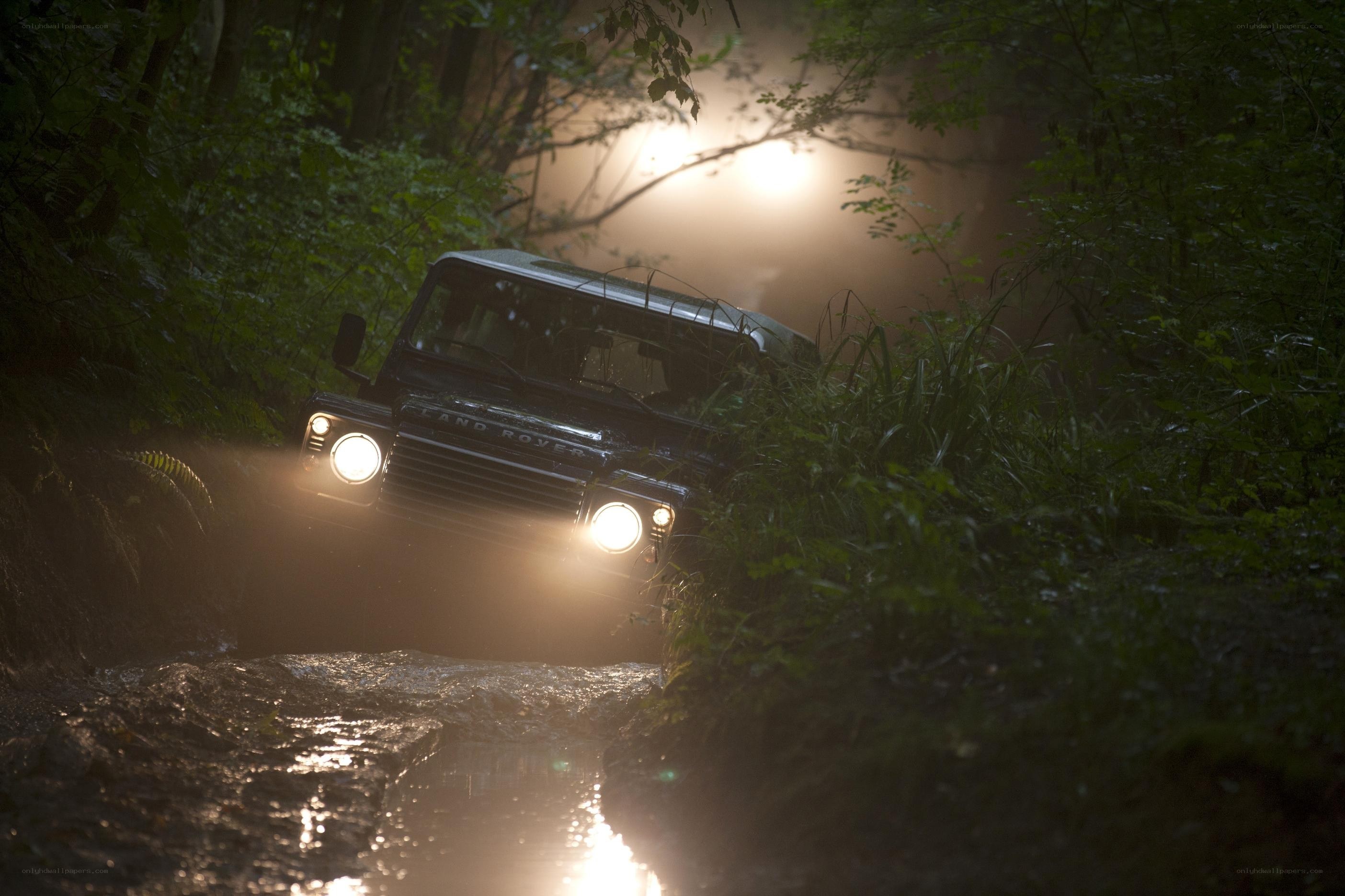 Land Rover in forest stream
