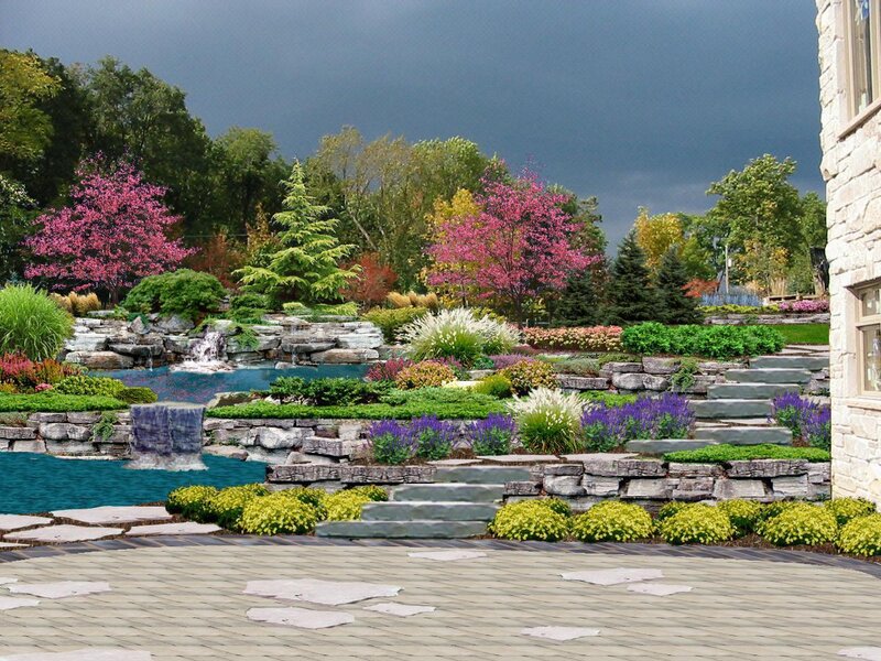 Landscape design with waterfall and pool