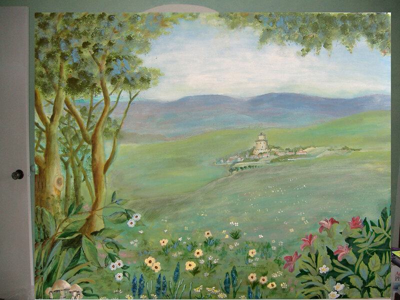Landscape mural with tower