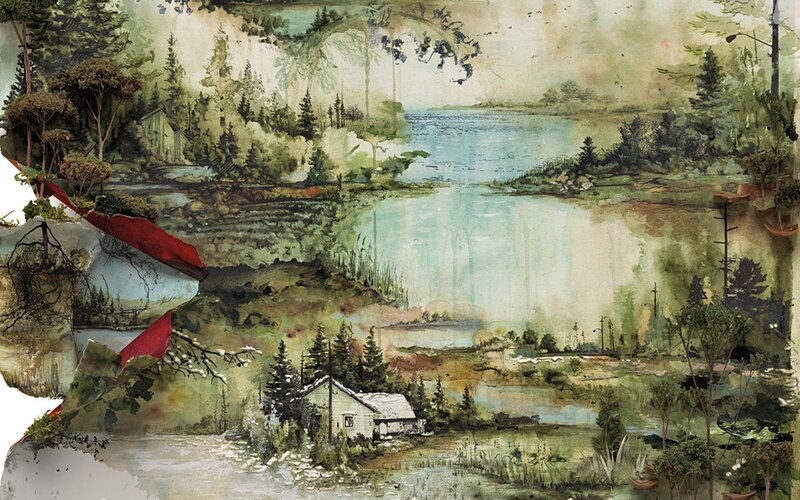 Landscape with cabins and lake
