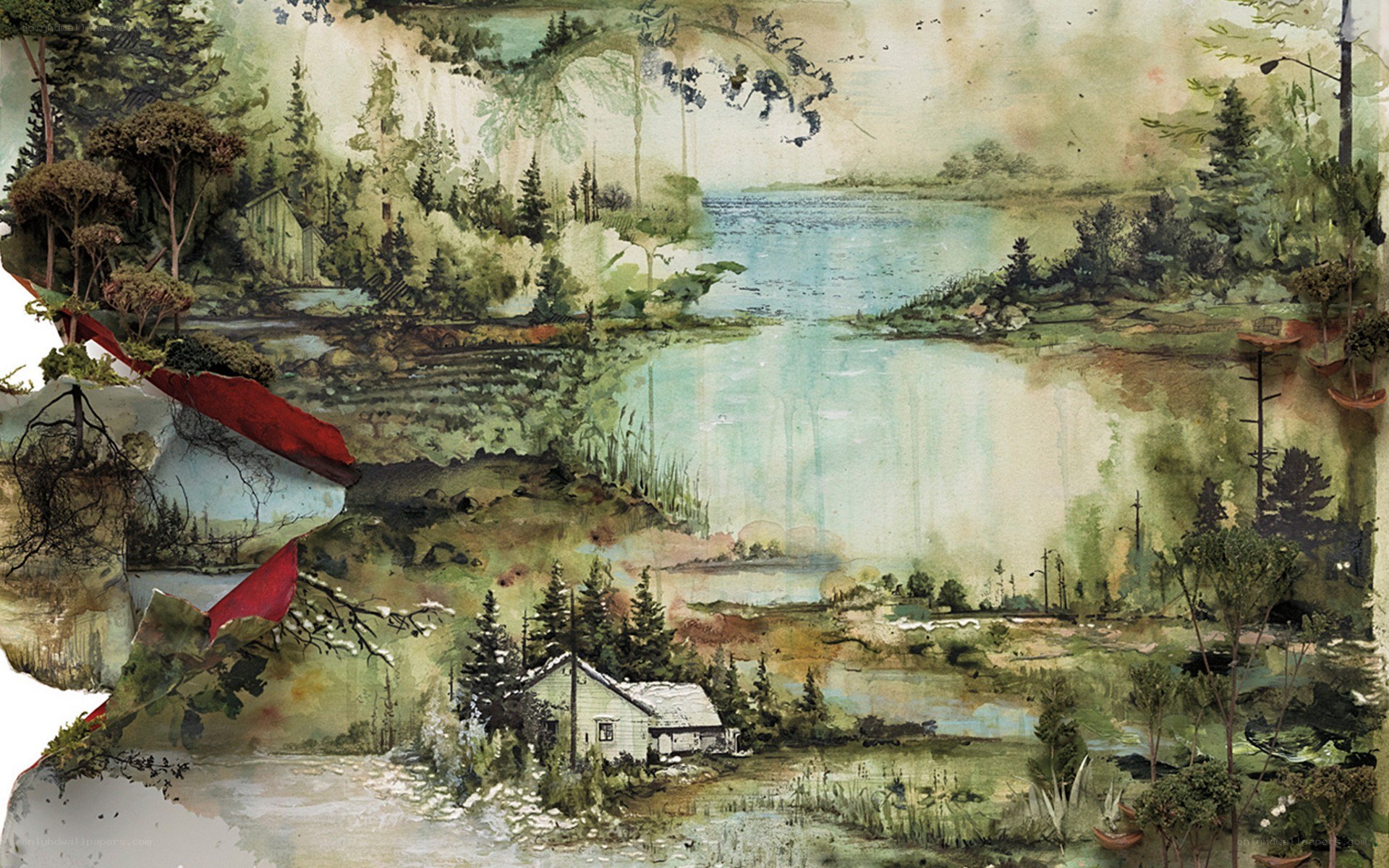 Landscape with cabins and lake