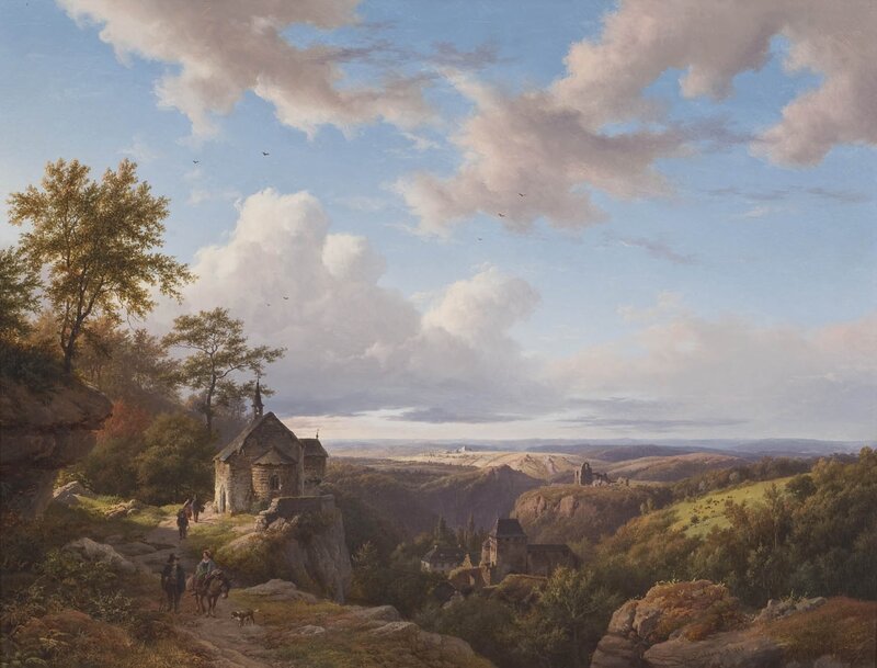 Landscape with chapel and travelers