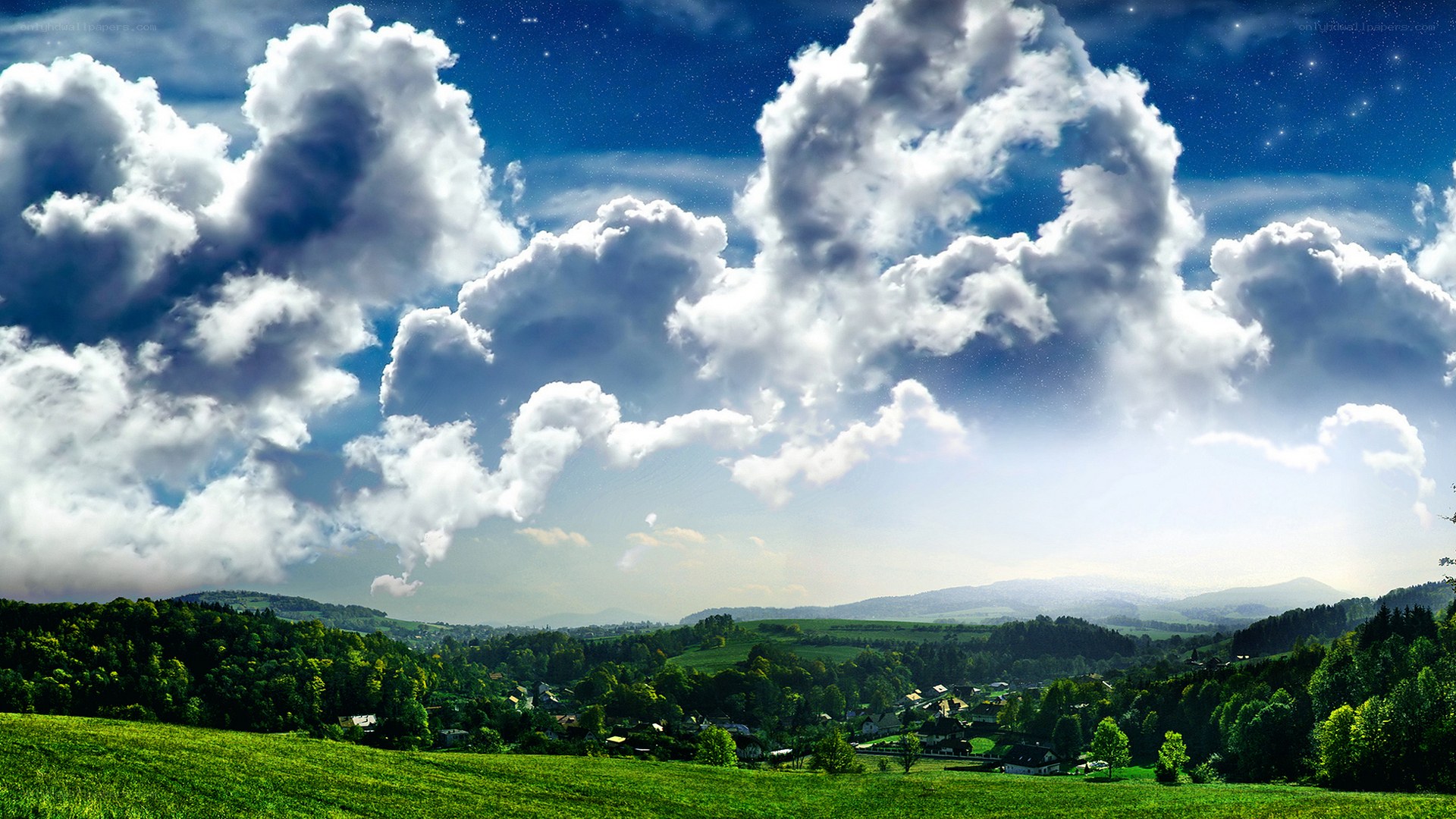 Landscape with clouds and stars