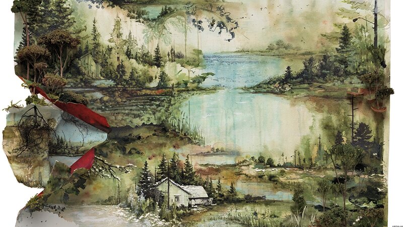 Landscape with lake and cabin