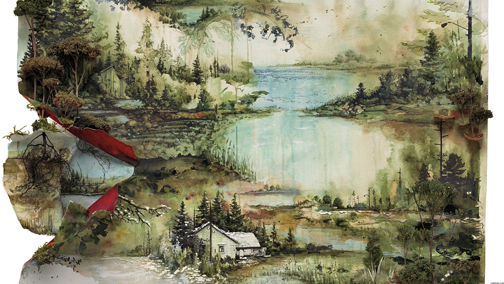 Landscape with lake and cabin