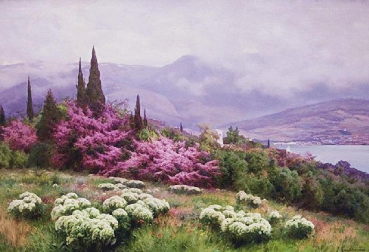 Landscape with pink flowers
