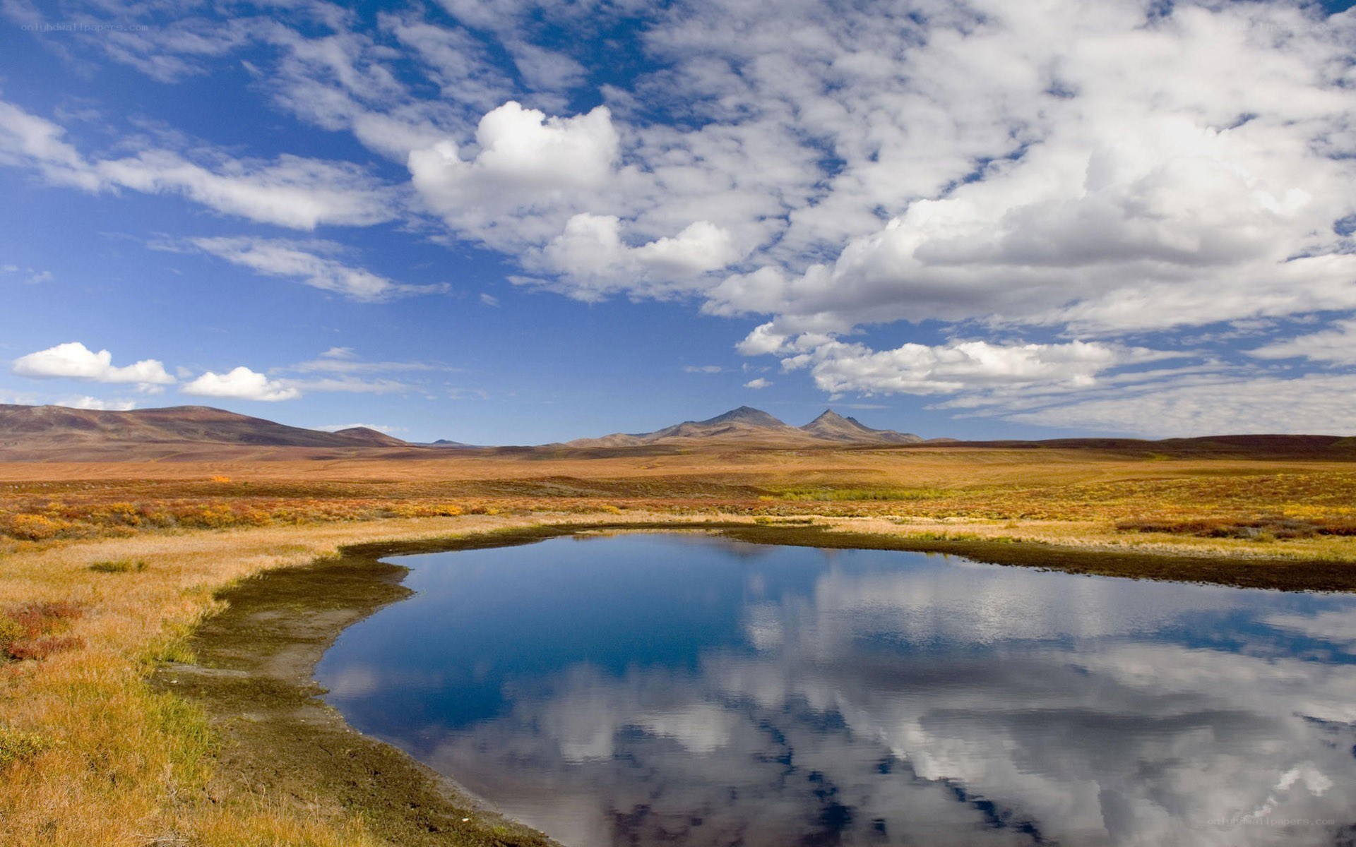 Landscape with pond and mountains