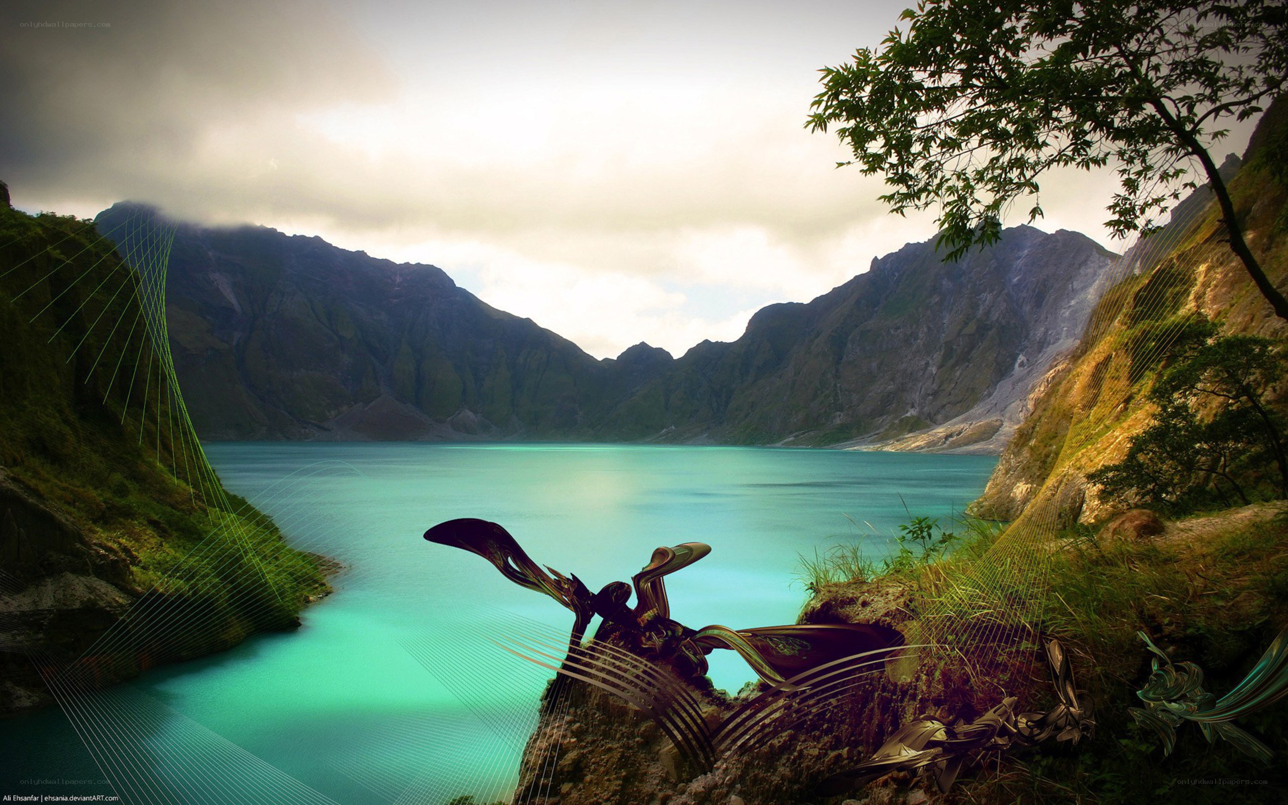Landscape with surreal sculpture