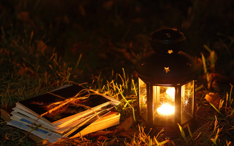 Lantern and Photos on Grass