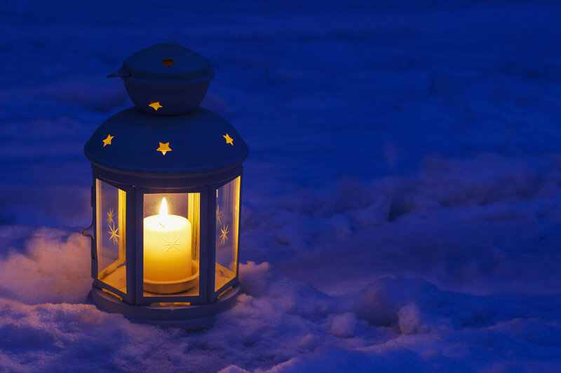Lantern in Snow — Blue, Serene, Night, Photograph, Candle