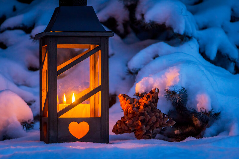 Lantern in Snow — Blue, Serene, Night, Photograph, Pinecone