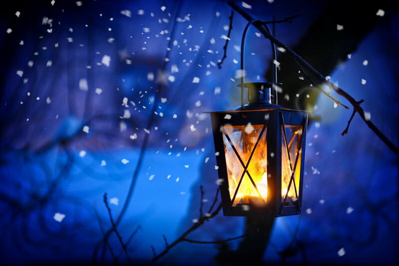 Lantern in Snow — Blue, Serene, Night, Photograph