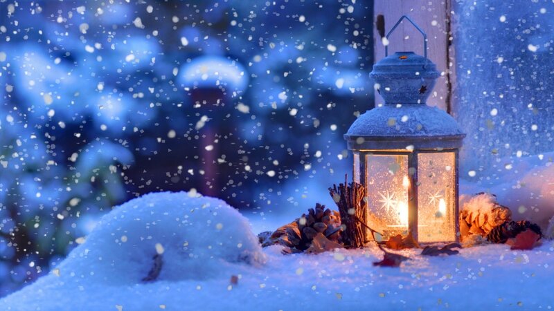 Lantern in Snow — Blue, Serene, Winter, Photograph, Pinecones, Candle