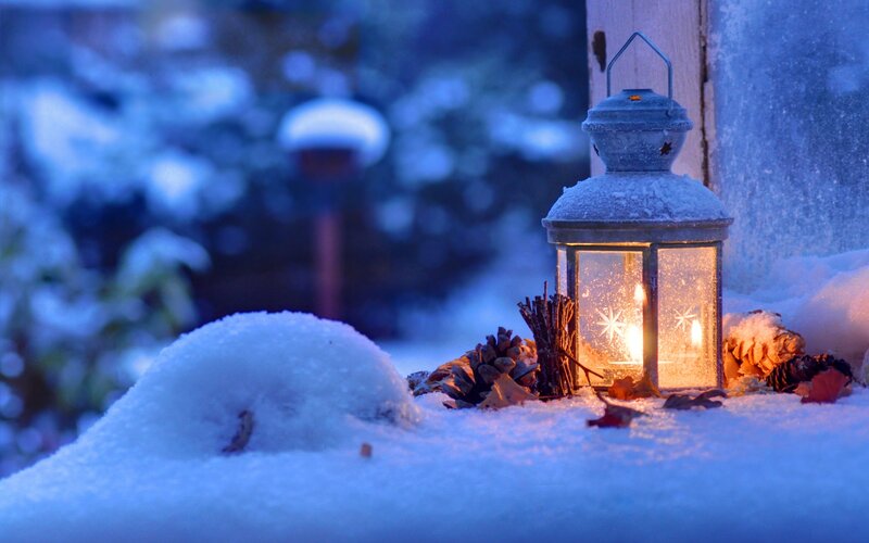 Lantern in Snow — Blue, Serene, Winter, Photograph, Pinecones
