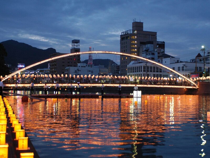 Lantern-lit bridge at dusk