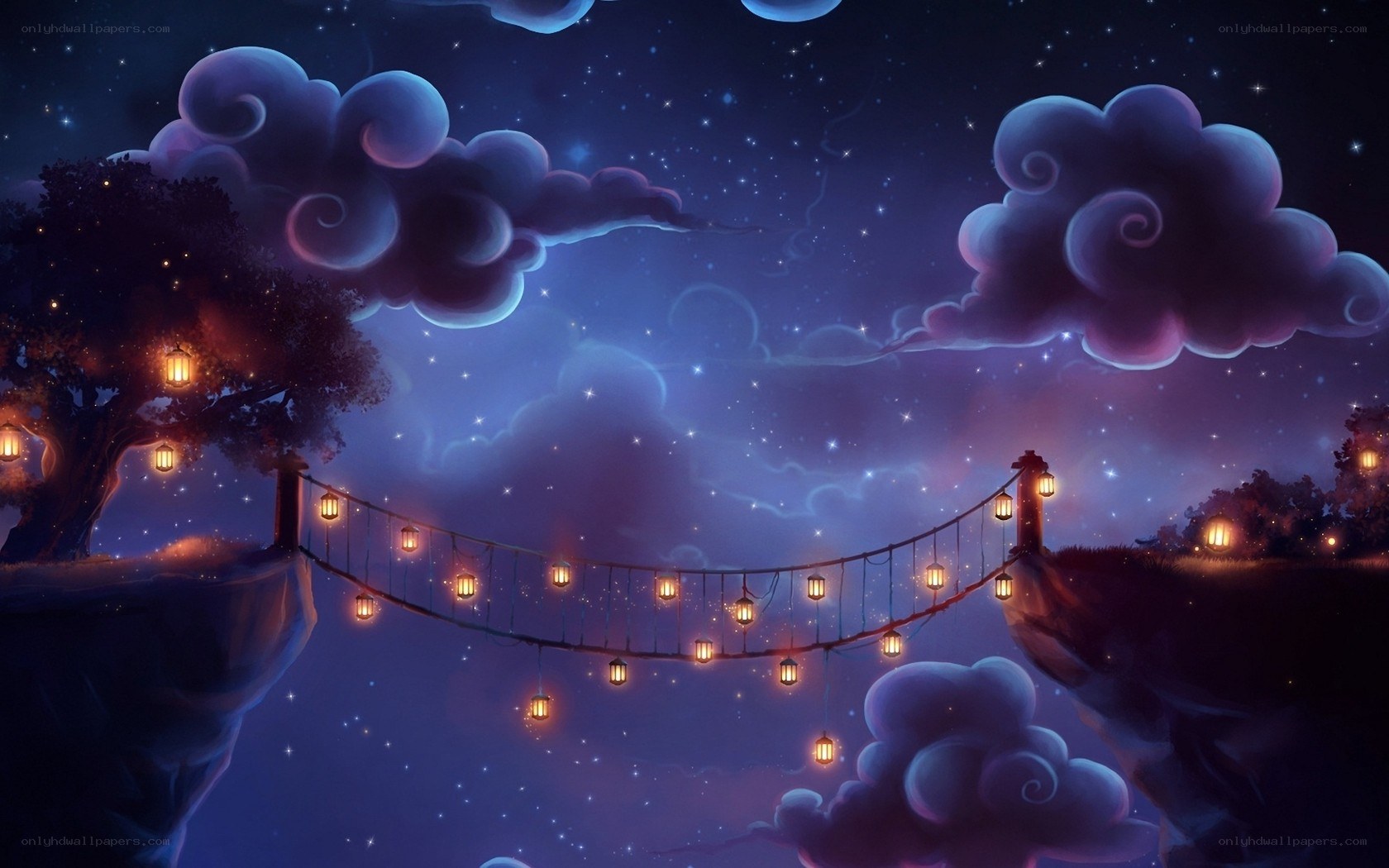 Lantern-lit bridge in starry sky