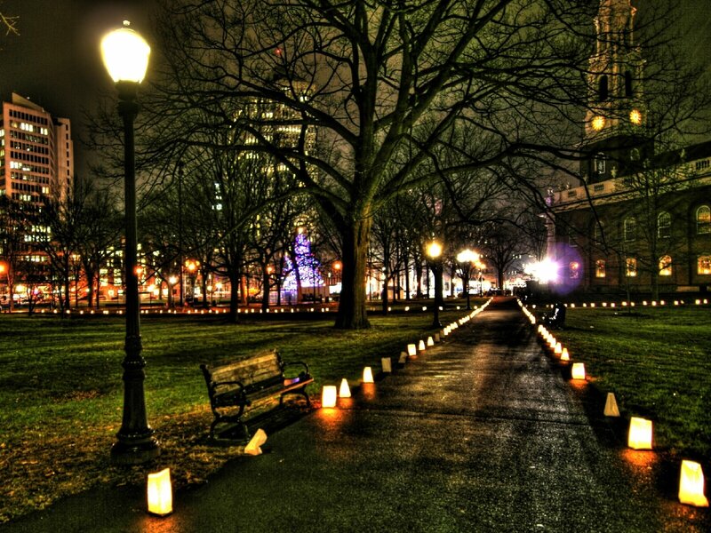 Lantern-lit path in city park