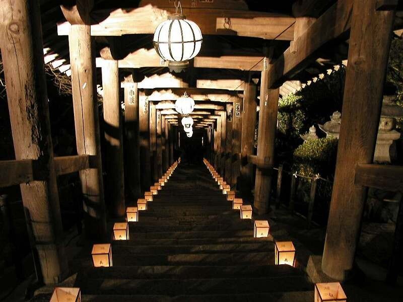 lantern-lit temple stairs at night