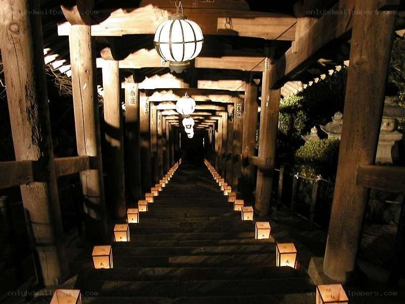 lantern-lit temple stairs at night