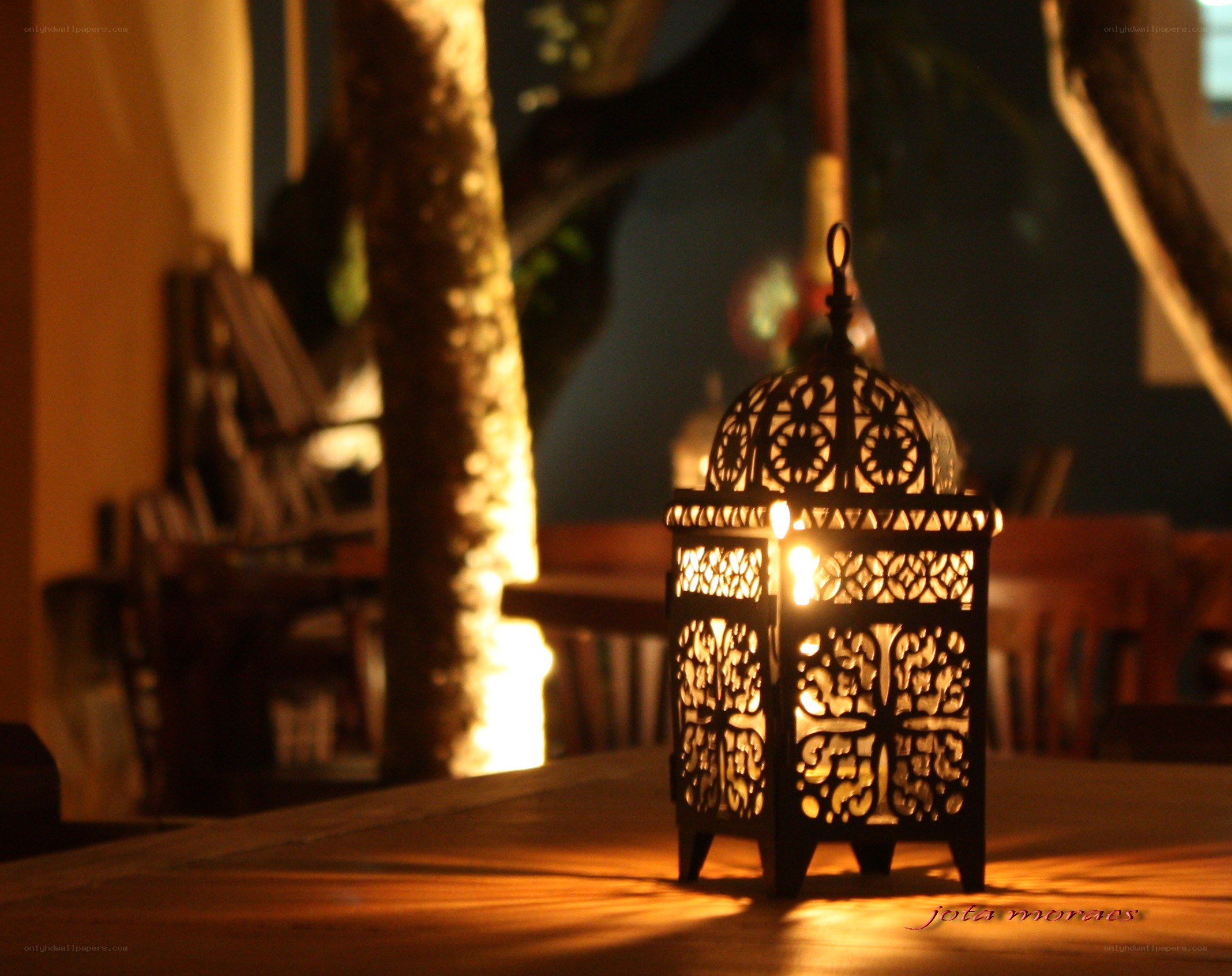 Lantern on a table at night