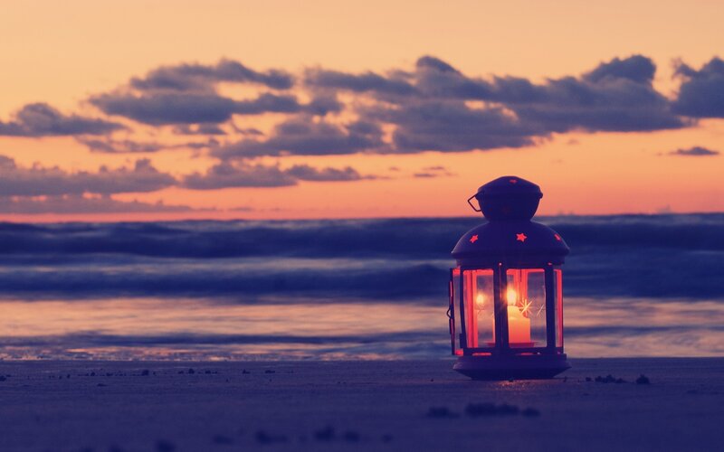 Lantern on Beach — Purple, Serene, Sunset