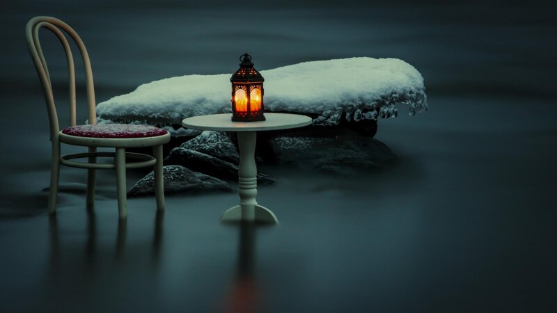 Lantern on Table in Snow — Black