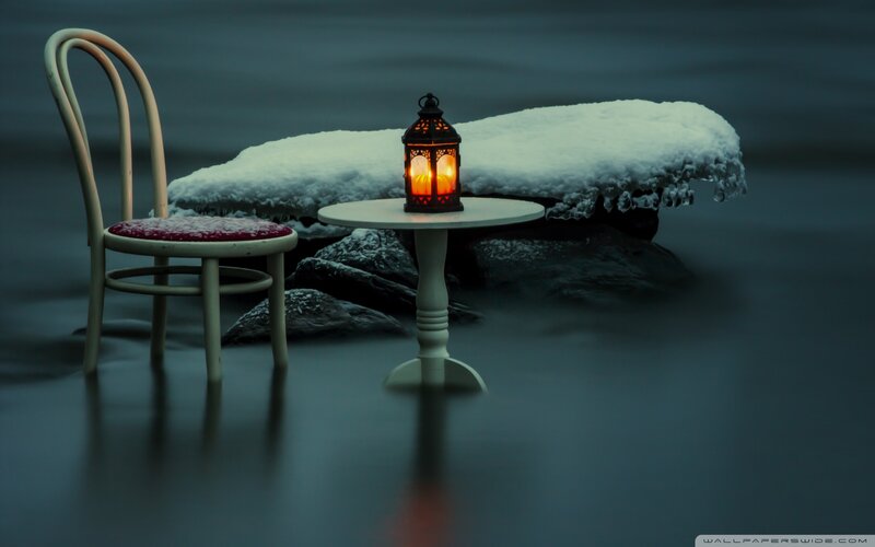 Lantern on Table in Snow — White