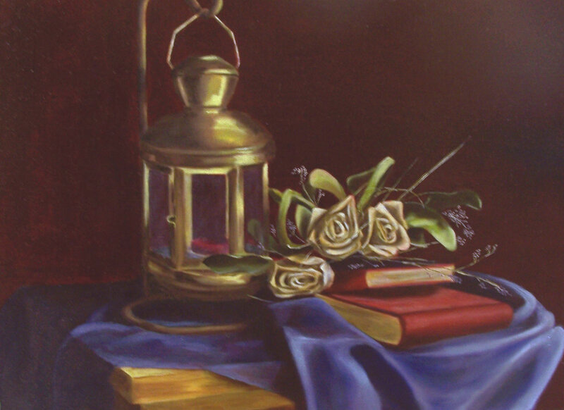 Lantern with Flowers and Books