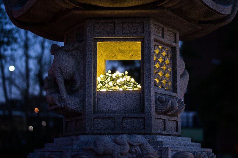 Lantern with lights at dusk