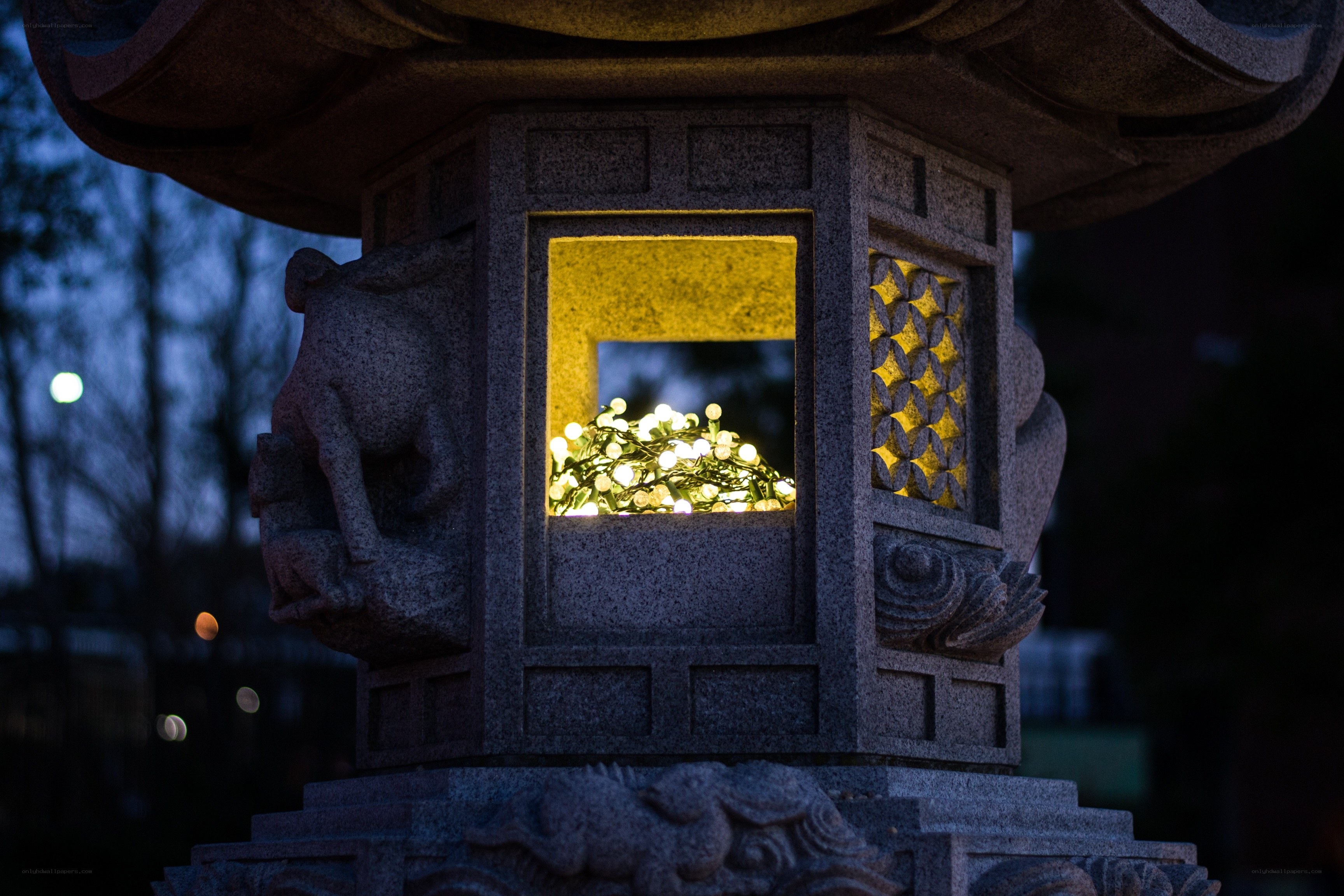 Lantern with lights at dusk