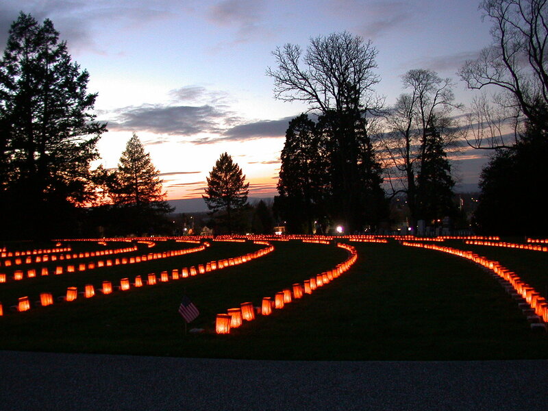 Lanterns at dusk in a park