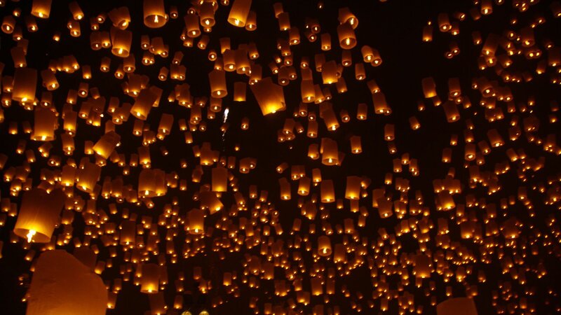 Lanterns floating at night