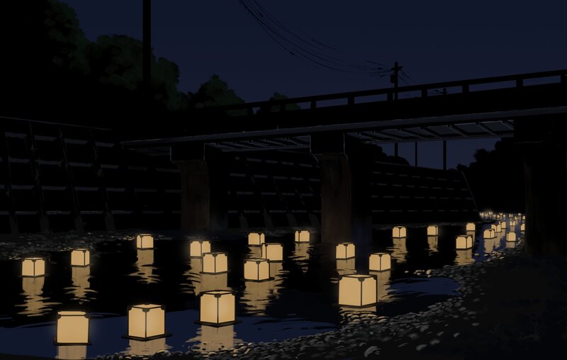 Lanterns Floating on River — Black, Serene