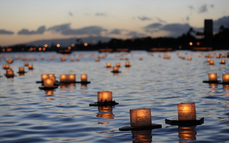 Lanterns Floating on Water — Blue, Serene, Sunset