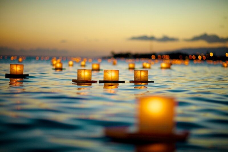 Lanterns Floating on Water — Blue, Serene