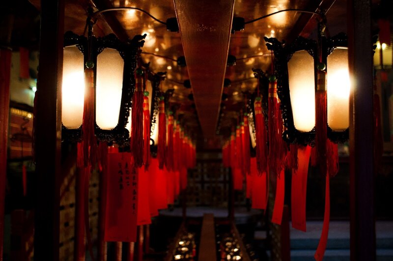 Lanterns in a temple corridor