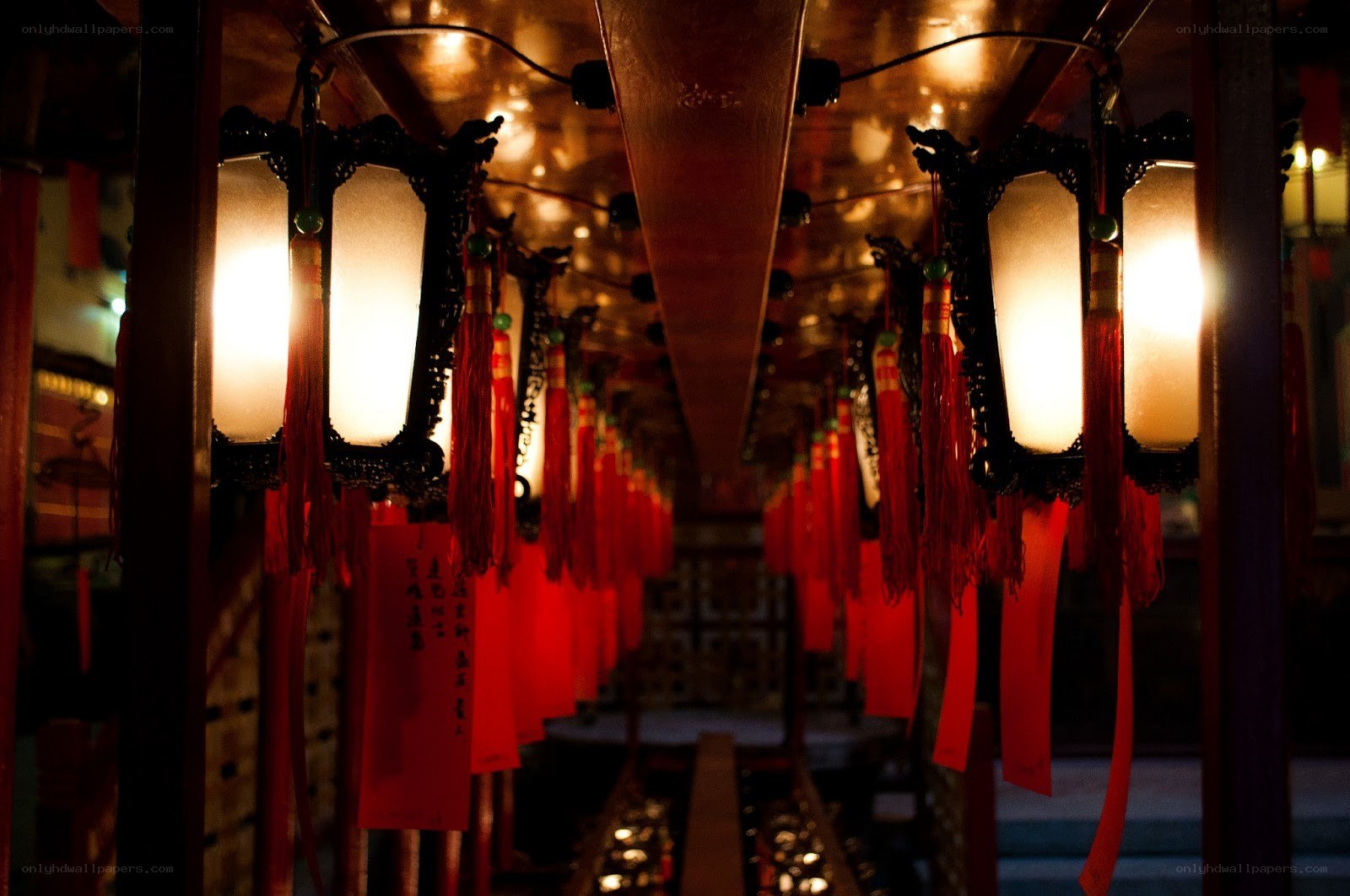 Lanterns in a temple corridor